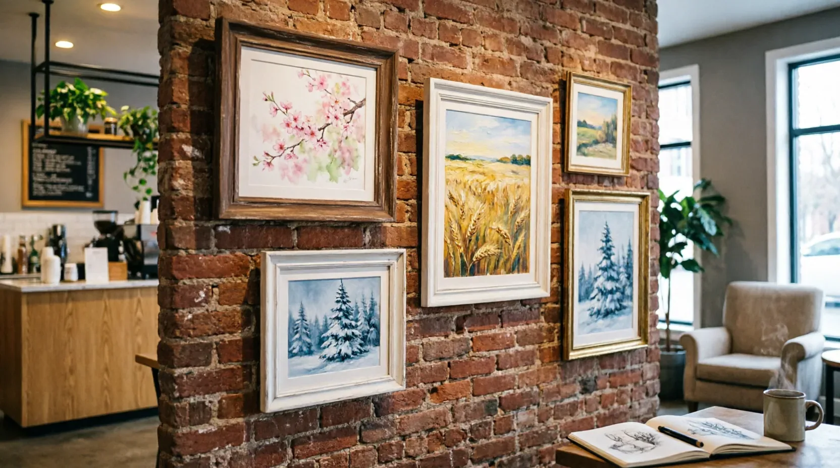 An exposed brick gallery wall with mixed-frame paintings — cherry blossoms, a wheat field, and winter pines