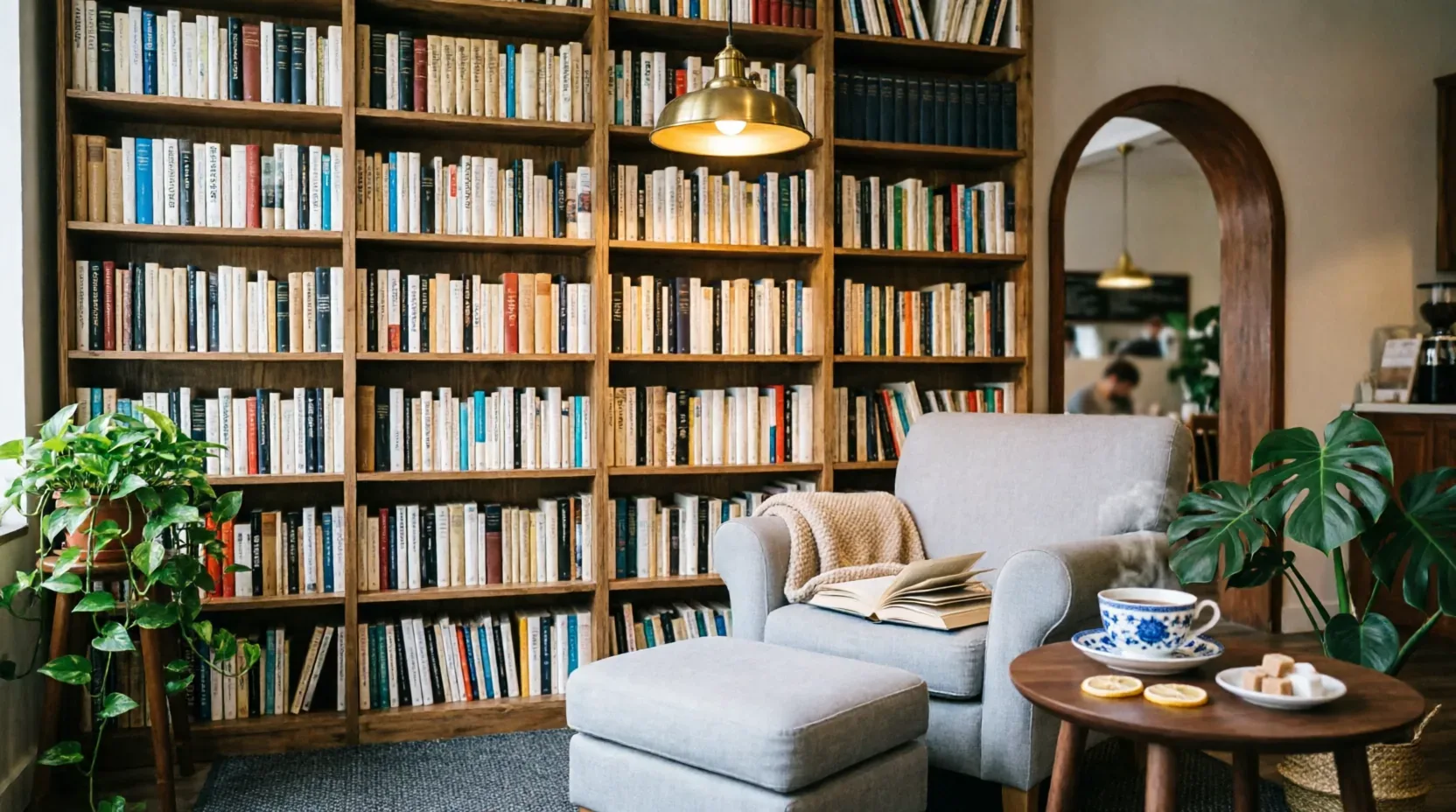 A floor-to-ceiling wooden bookshelf beside a reading armchair with an open book and a warm brass pendant light