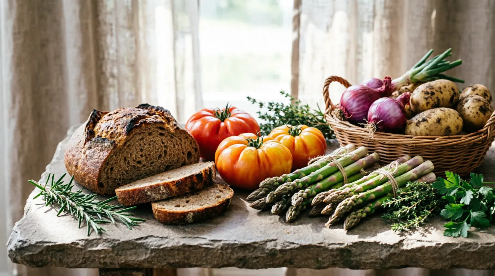 Seasonal artisan bread, heirloom tomatoes, asparagus, and herbs on a rustic stone table