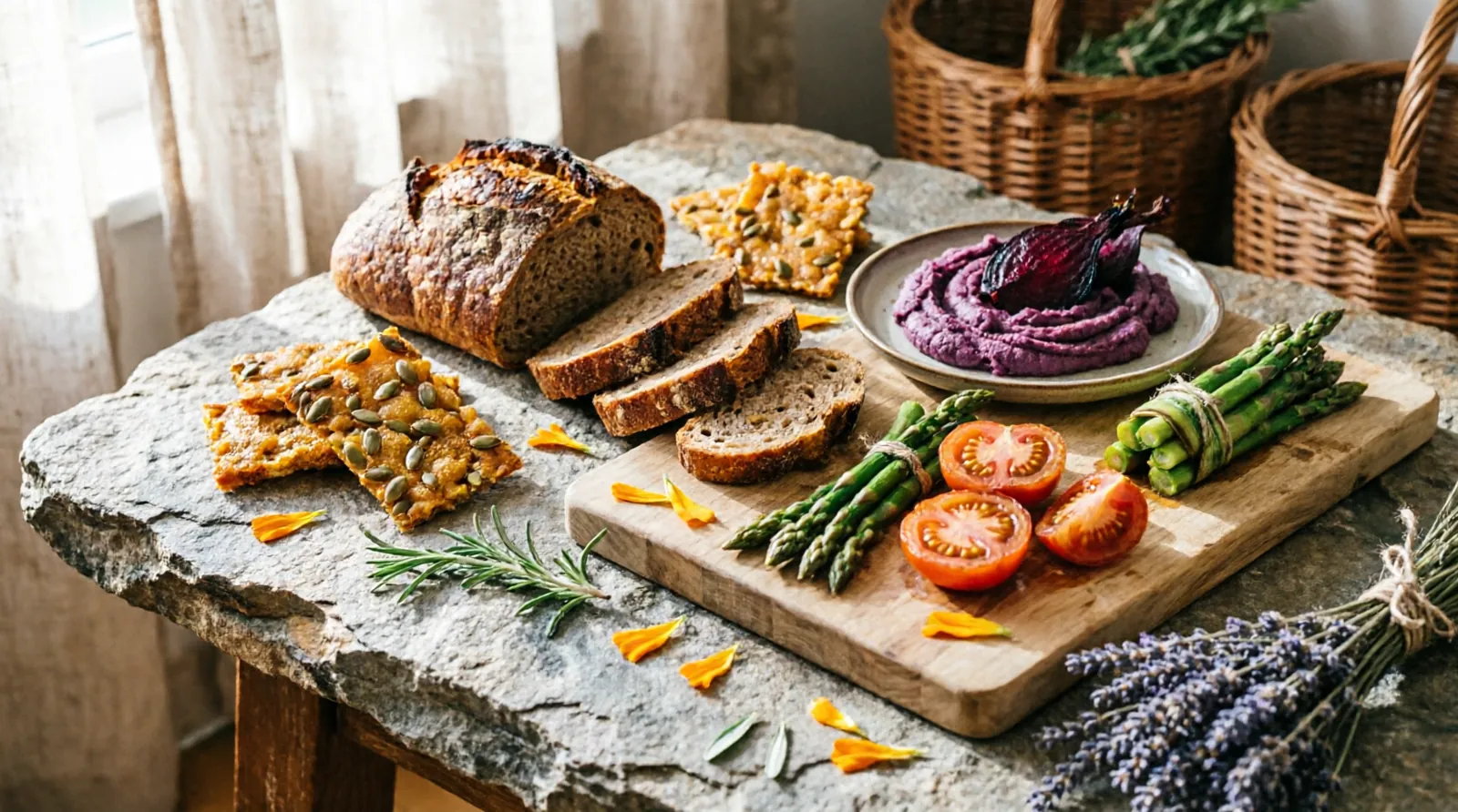 A seasonal spread of sourdough, crackers, roasted beet dip, asparagus, and tomatoes on a wooden board