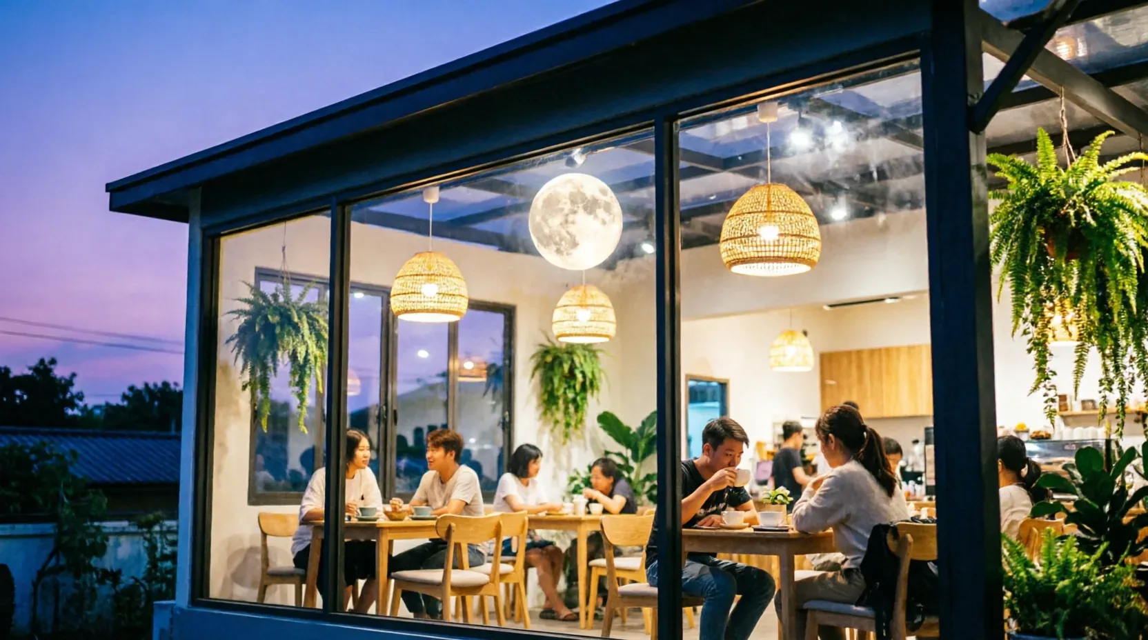 Moonleaf's cafe glowing at dusk, a full moon lantern above the tables as guests share tea and coffee by the window