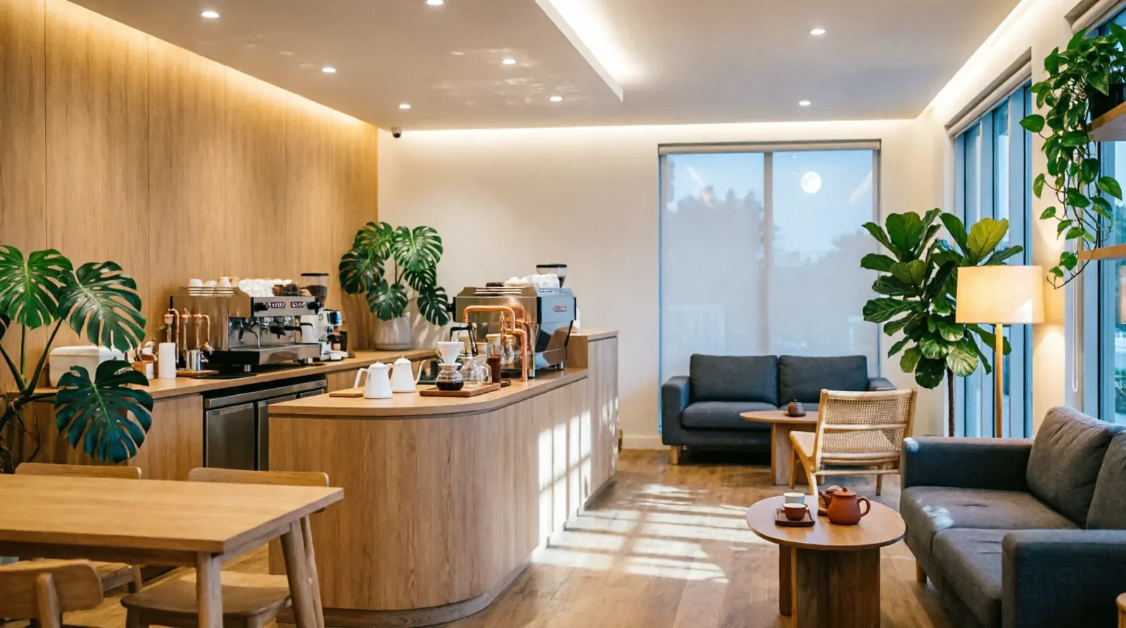 Moonleaf's warm, plant-filled interior with the espresso bar, lounge seating, and moonlight through the window