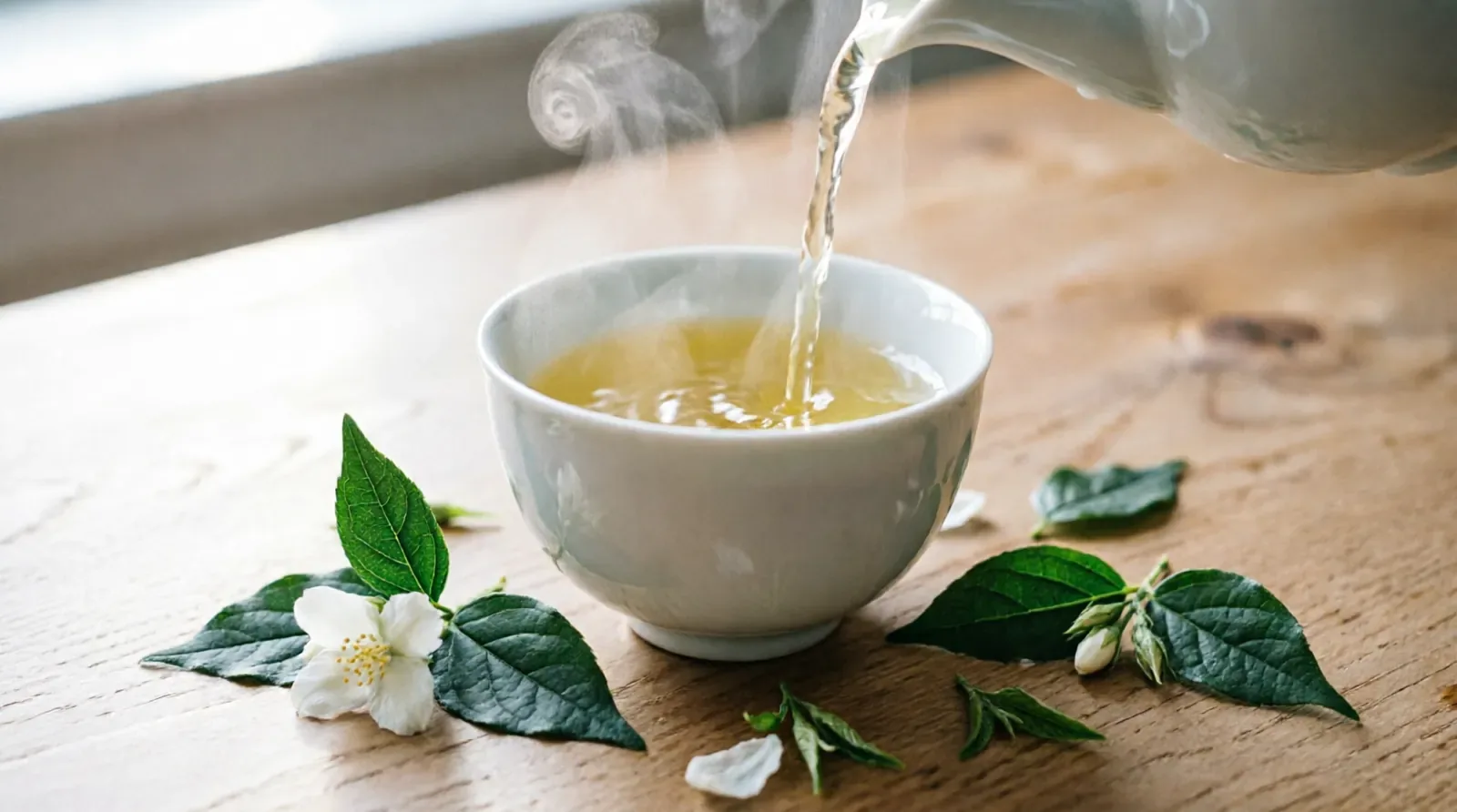 Jasmine tea being poured, steeped with fresh tea leaves and jasmine flowers