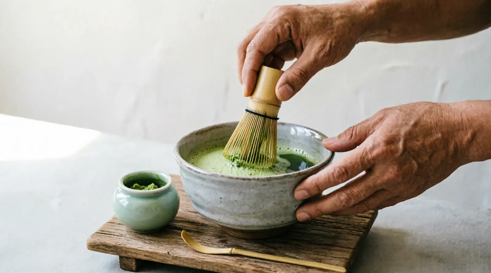 Ceremonial matcha being whisked to a froth in a handmade bowl