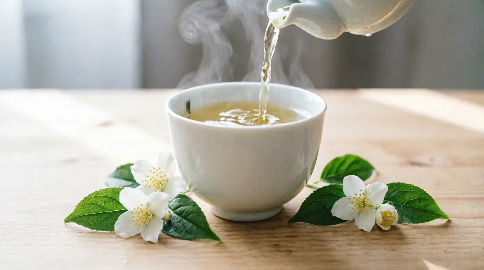 Jasmine silver needle tea being poured, steam rising over fresh tea leaves and jasmine flowers