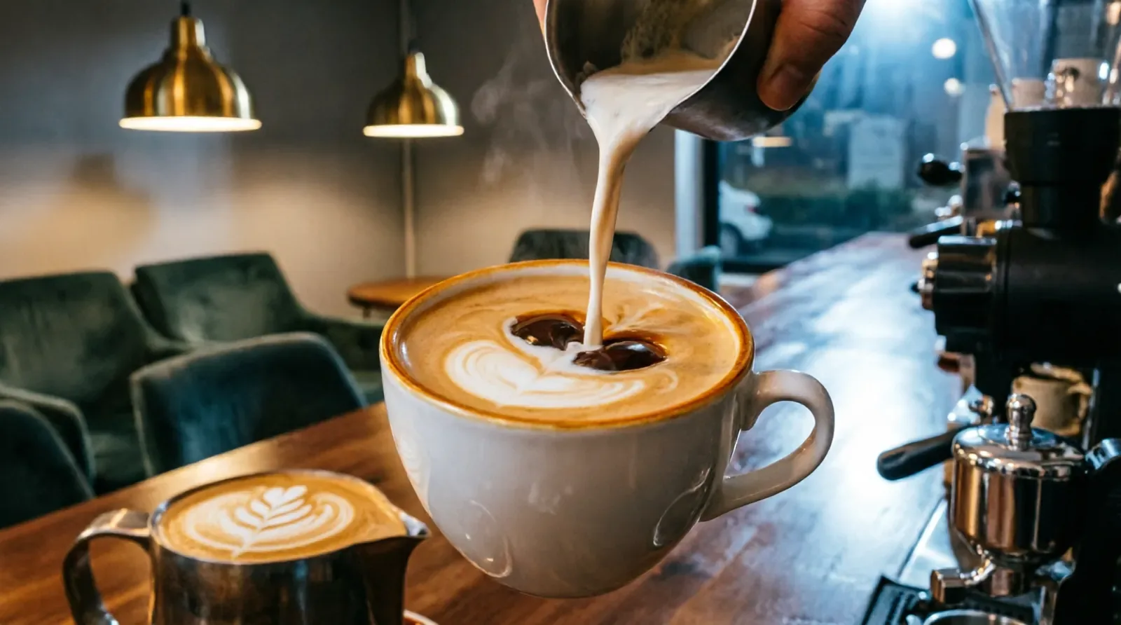 Steamed milk being poured into an espresso, forming latte art