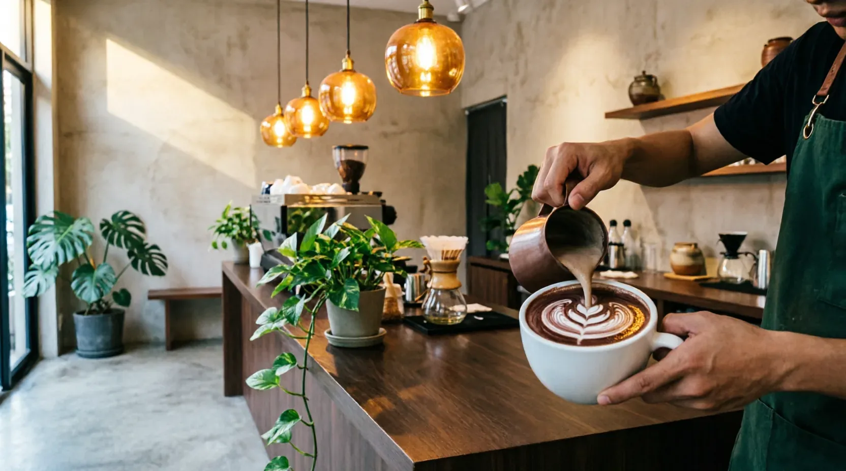 A barista pouring steamed oat milk into a cortado under warm amber pendant lights in the evening