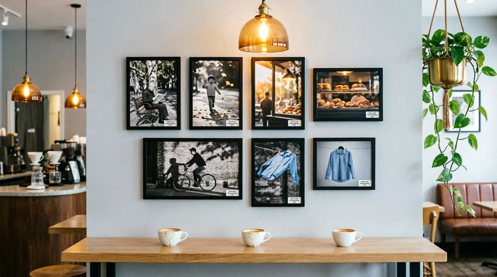A black and white photography wall of neighborhood moments, hung above a wooden counter with three coffee cups