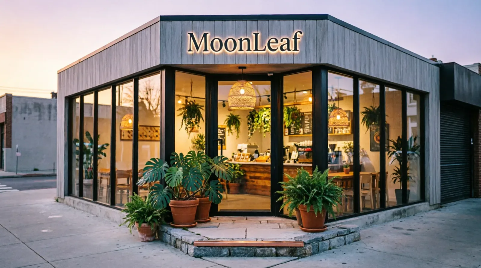 The Moonleaf storefront at dusk, glowing warmly behind large windows and potted plants