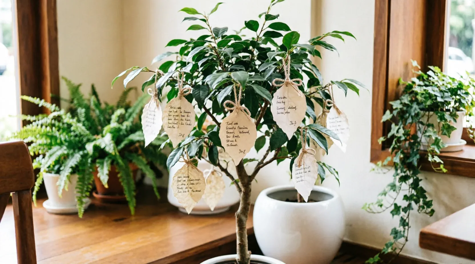 A small potted tree hung with handwritten leaf-shaped paper notes tied with twine, surrounded by ferns and ivy